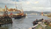 Nils Hansteen Fjordabat stevner ut Trondheim havn oil painting